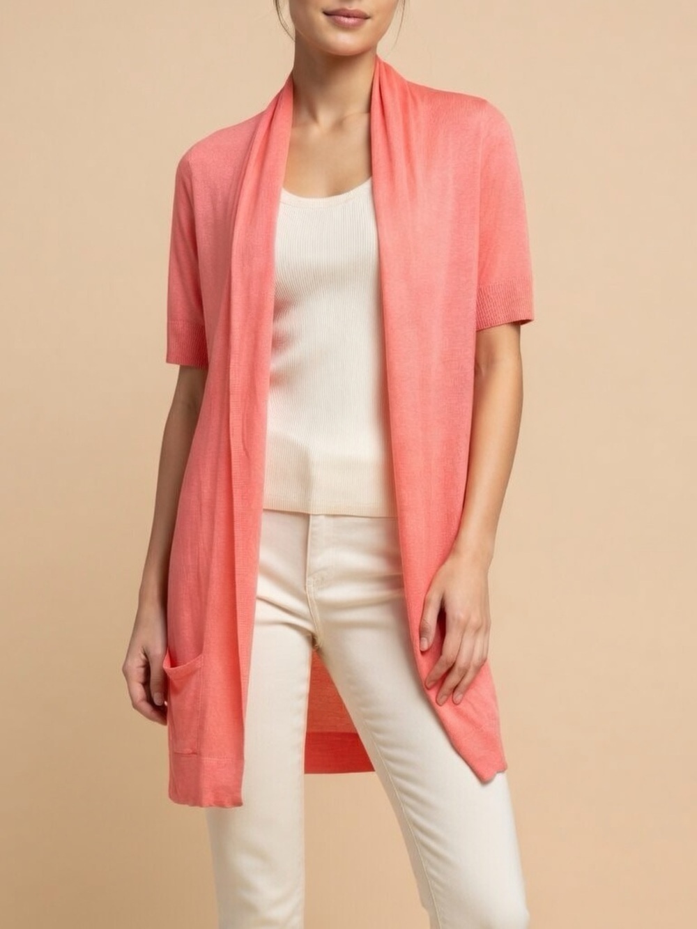 Theory Coral Open-Weave Short Sleeve Cardigan Size S